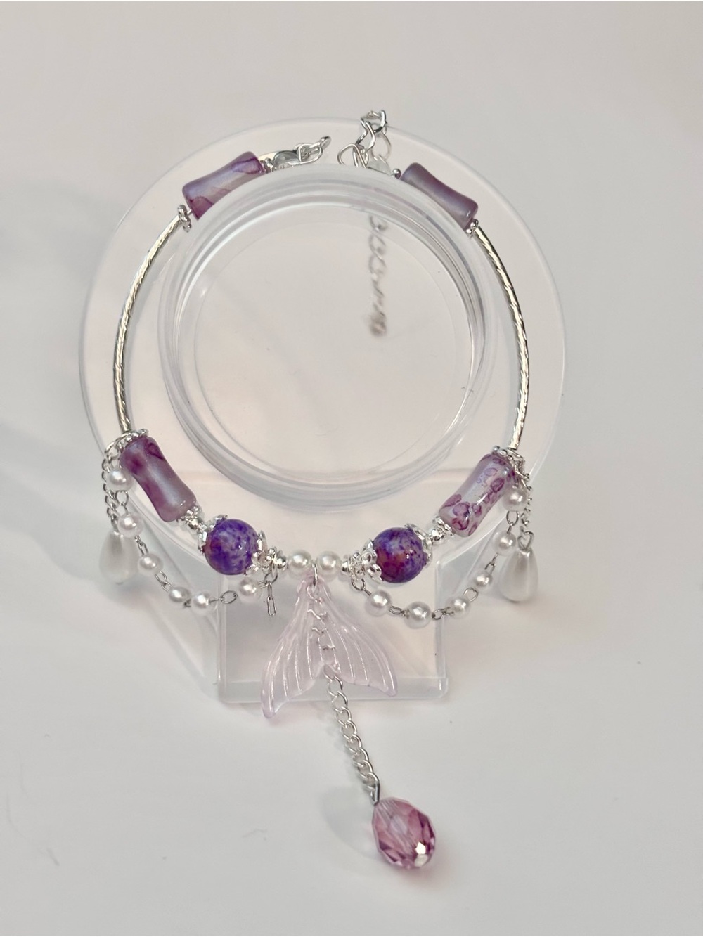 Silver-Tone Purple Bead Bracelet with Mermaid Tail Charm